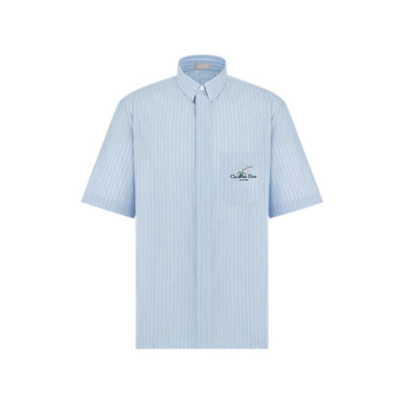 디올 코튼 포플린 Couture 은방울 꽃 자수 반소매 셔츠 블루 스트라이프 493C521B3040_C575