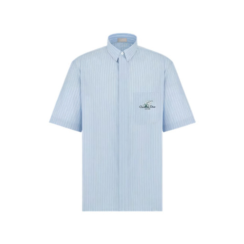 디올 코튼 포플린 Couture 은방울 꽃 자수 반소매 셔츠 블루 스트라이프 493C521B3040_C575